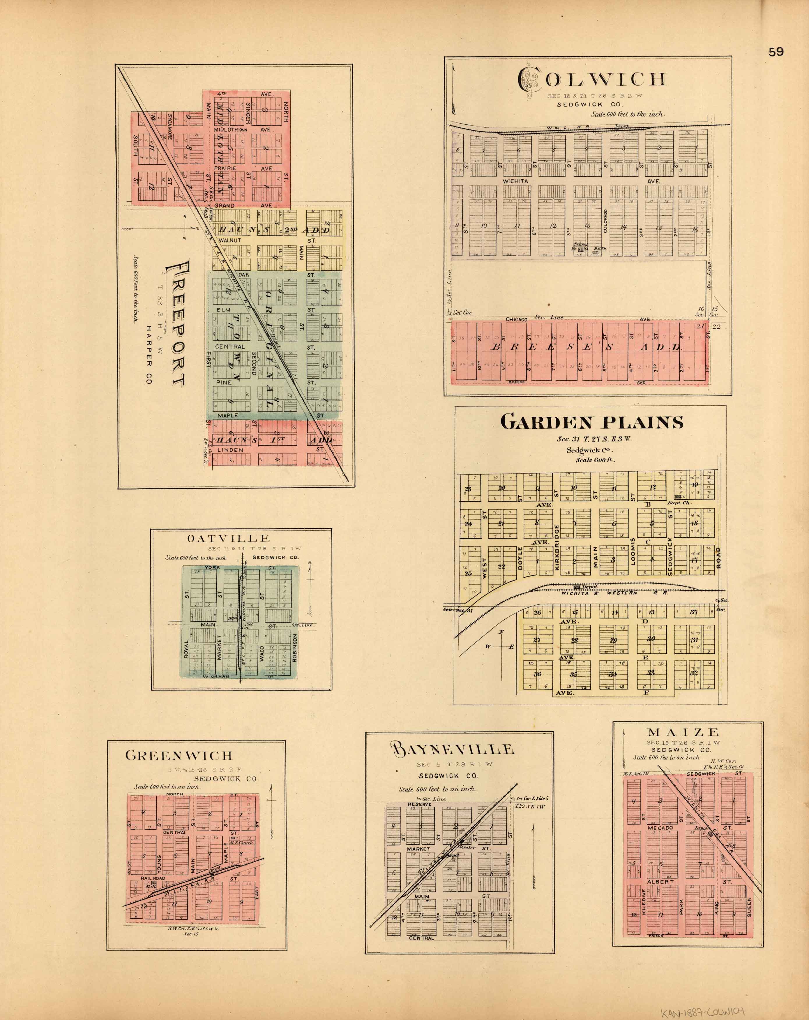 L H Evert S 1887 Map Of Colwich Freeport Garden Plains Oatville