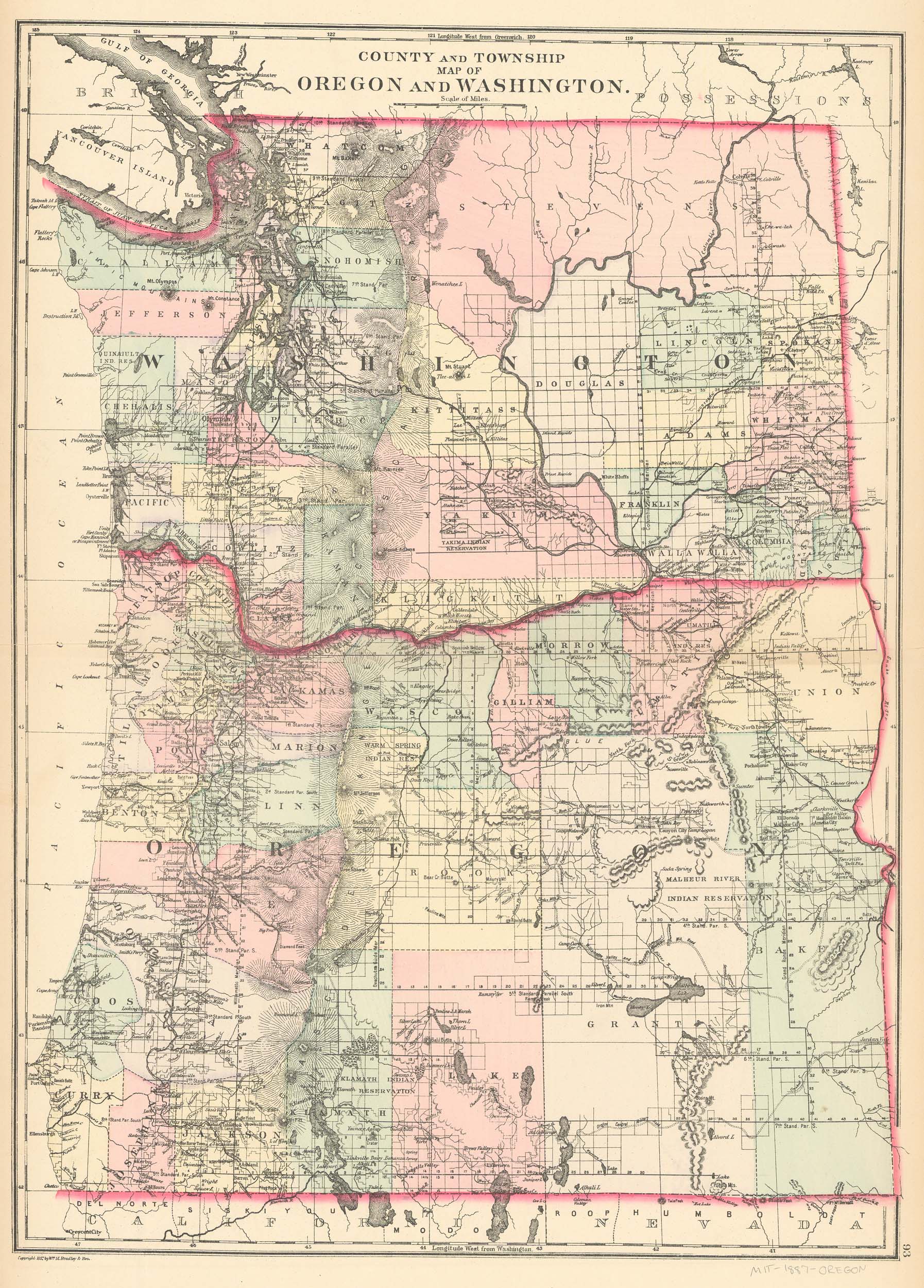 County and Township Map of Oregon and Washington - Art Source International