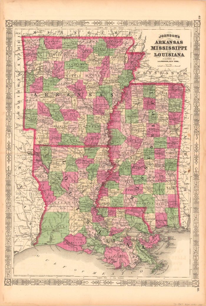 1860 County Map of Louisiana, Mississippi and Arkansas