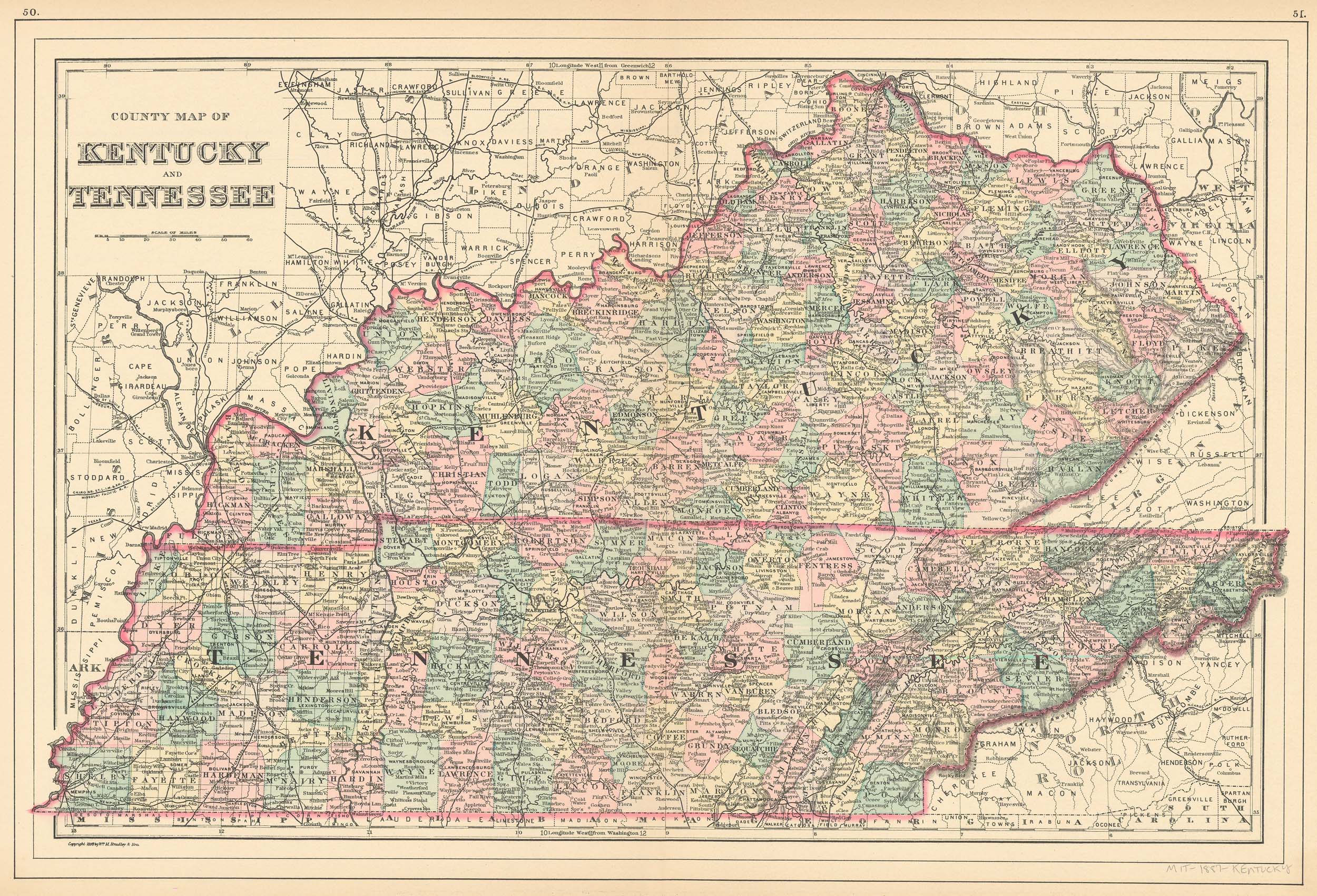 County Map of Kentucky and Tennessee - Art Source International