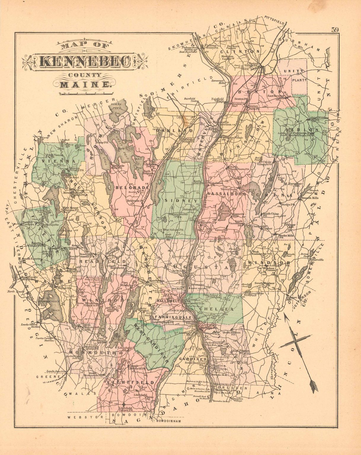 Stuarts 1890 Map of Kennebec County, Maine - Art Source International