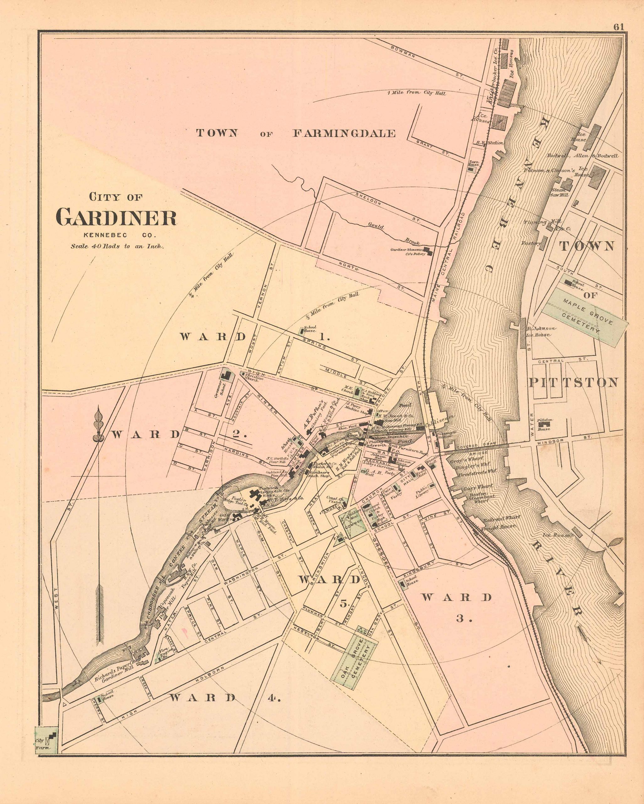 Colbys 1884 Map Of The City Of Gardiner Kennebec Co Maine Art Source International 8743