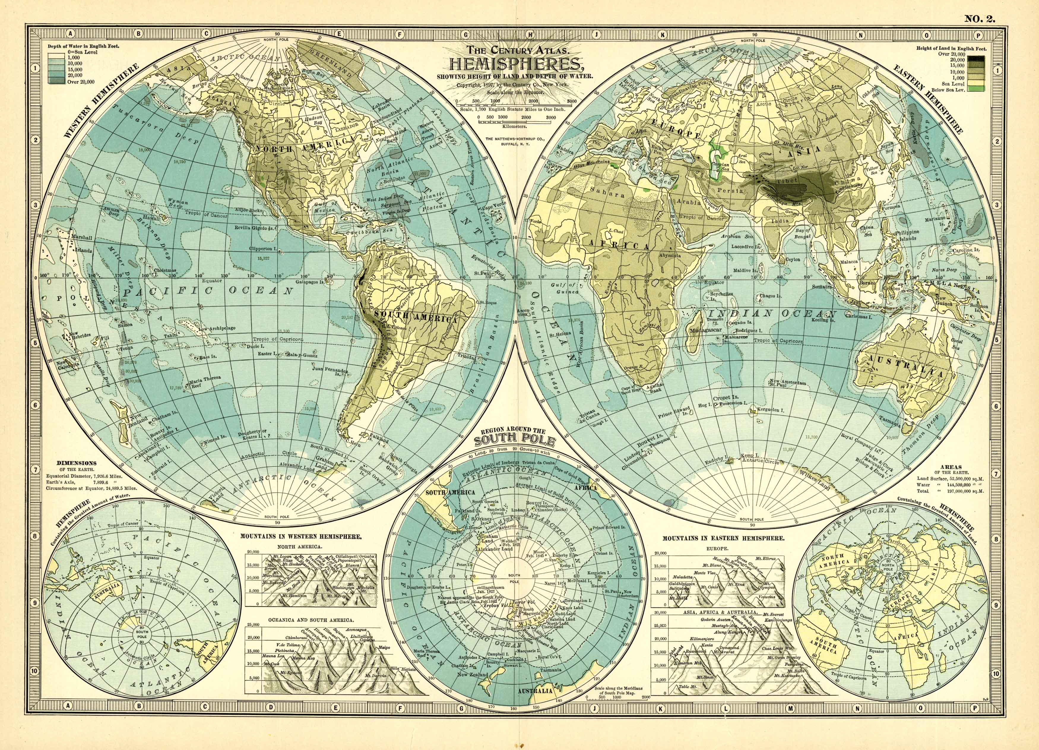 Hemispheres, Showing Height of Land and Depth of Water - Art Source ...