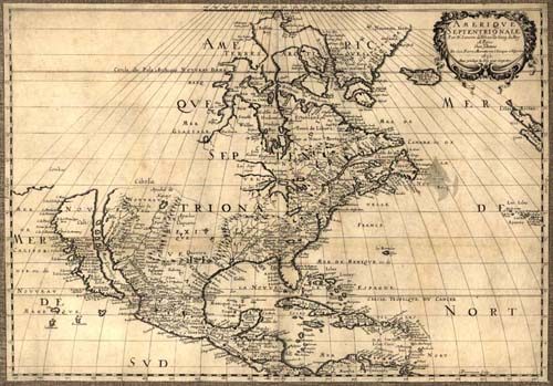Old map of North America and Central America in 1650 by Nicolas Sanson