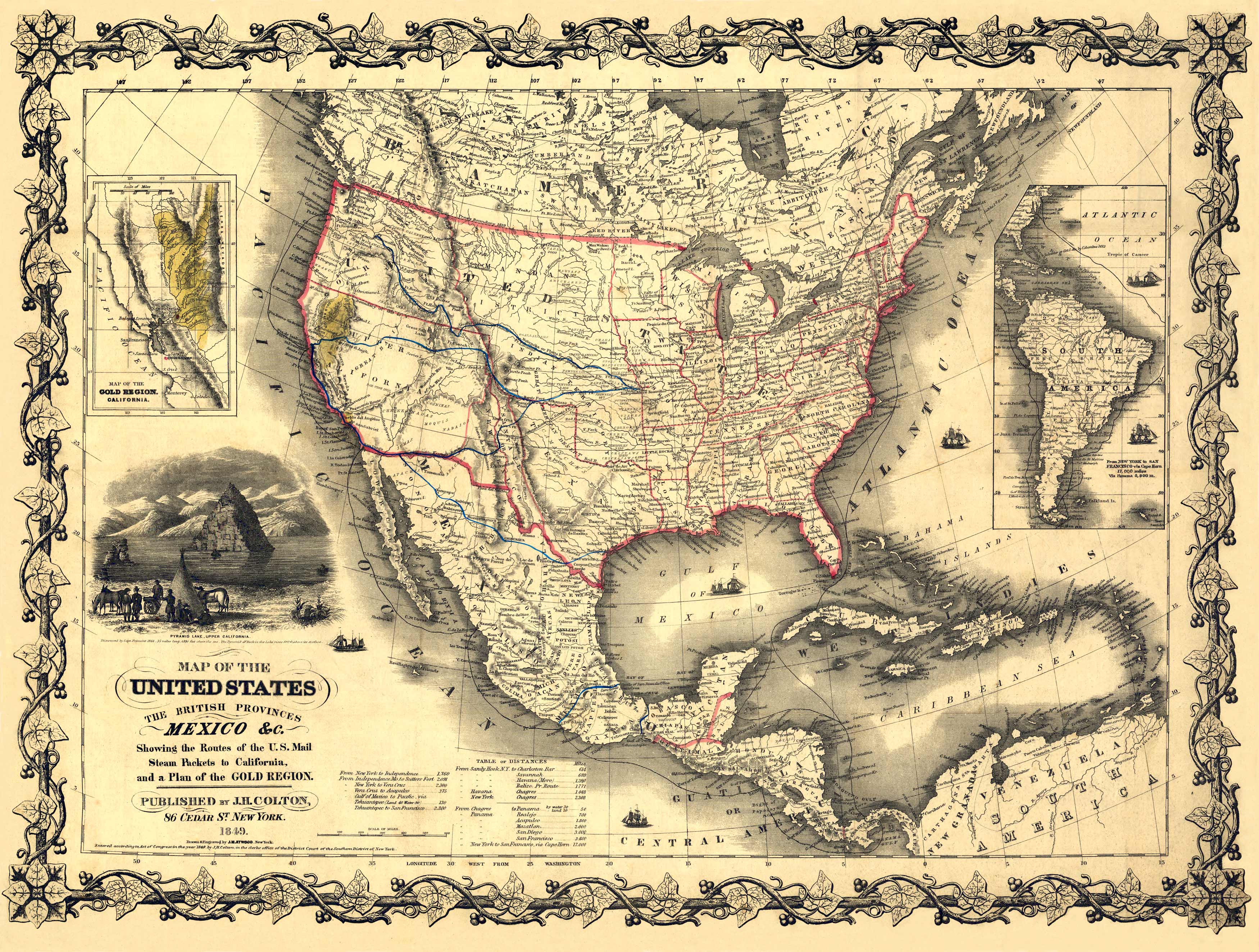 Old map of North America in 1849 by Joseph Colton