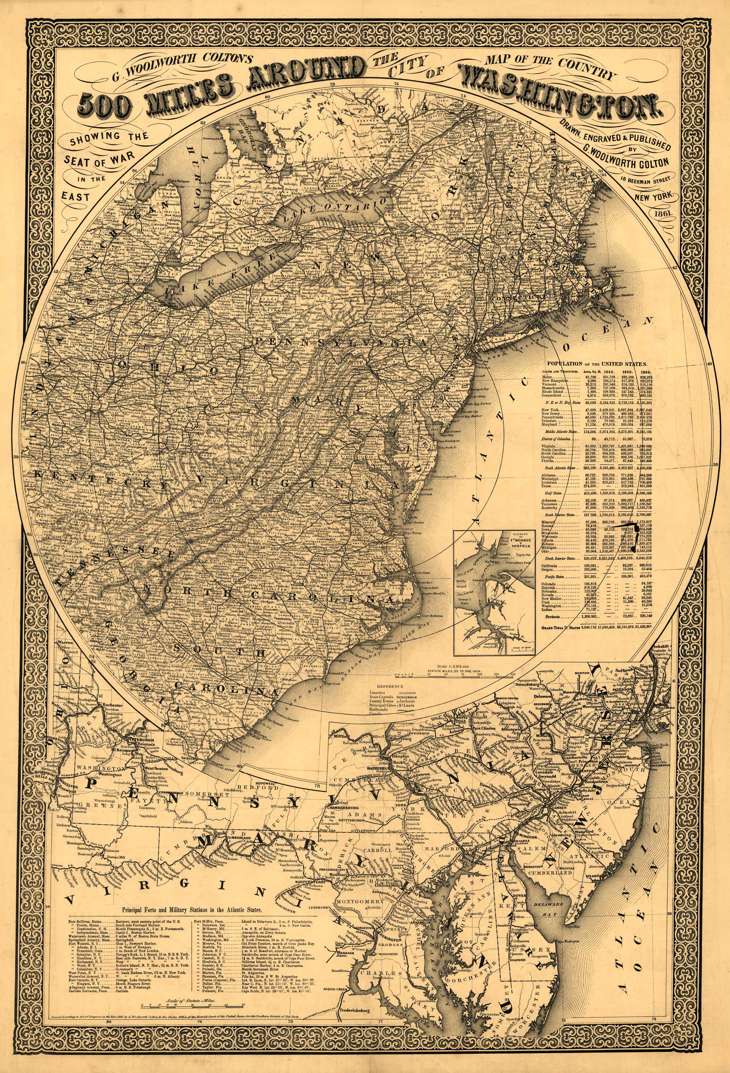 G. Woolworth Colton's Map of the Country 500 Miles Around the City of Washington Showing the Seat of War in the East