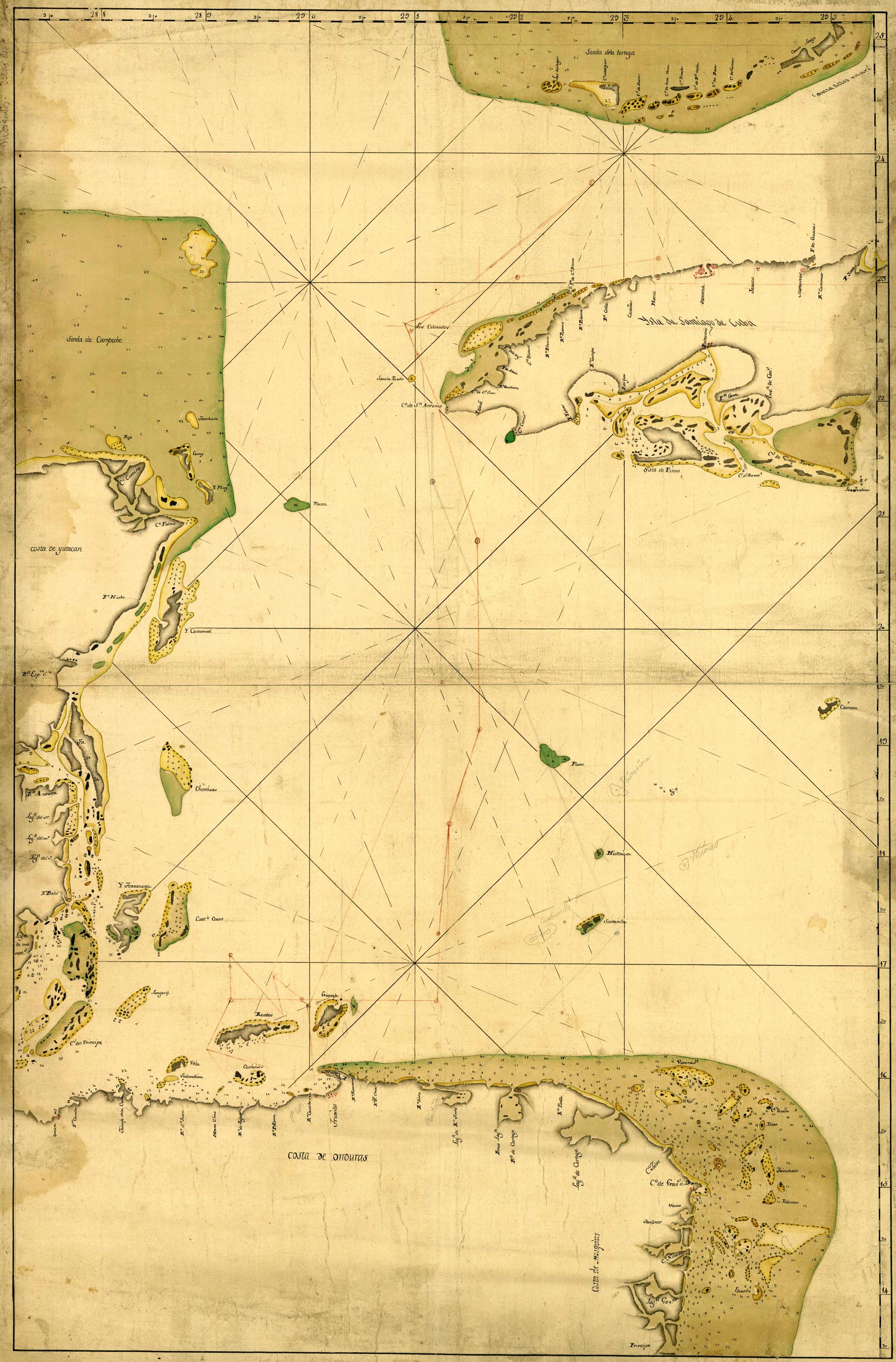 Map showing a portion of the Caribbean Sea from Florida Keys to Nicaragua