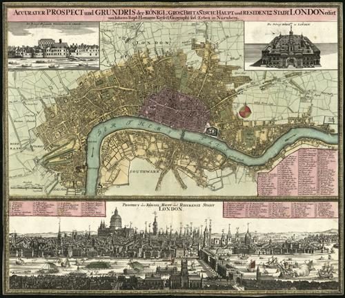 Accurater Prospect und Grundris der Kï¿½nigl. Gros-Britanï¿½isch. Haupt- und Residentz-Stadt London / edirt von Iohann Bapt. Homanns Kayserl. Geographi seel. Erben. (Map of London)