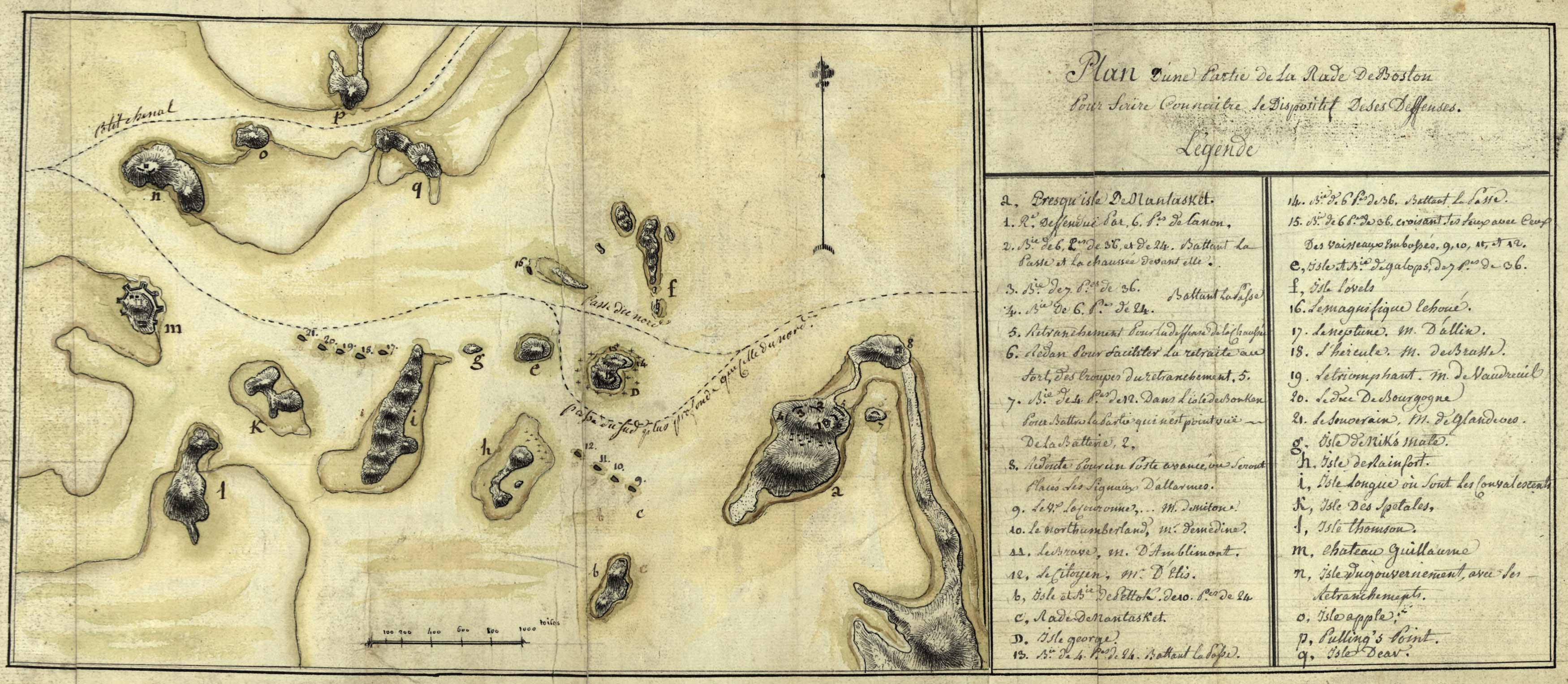 Plan d'une partie de la rade de Boston pour faire connaitre le dispositif de ses deffenses [Map of part of the harbor of Boston to know the device's defenses]