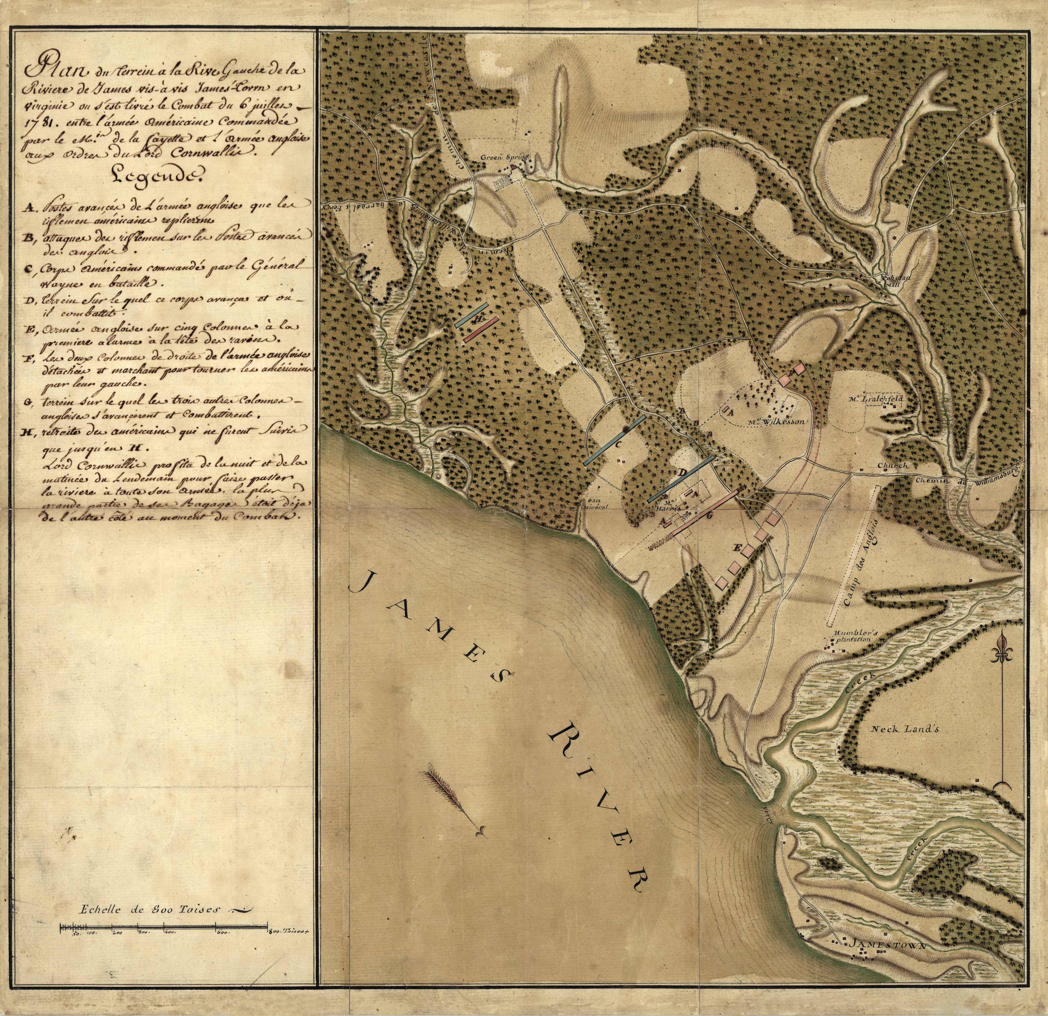 Plan du terrein ï¿½ la rive gauche de la riviï¿½re de James vis-ï¿½-vis Jamestown en Virginie ou s'est livrï¿½ le combat du 6 juillet 1781 [Plan of the ground to the left bank of the James River vis-ï¿½-vis Jamestown in Virginia and has fought the battle of July 6]