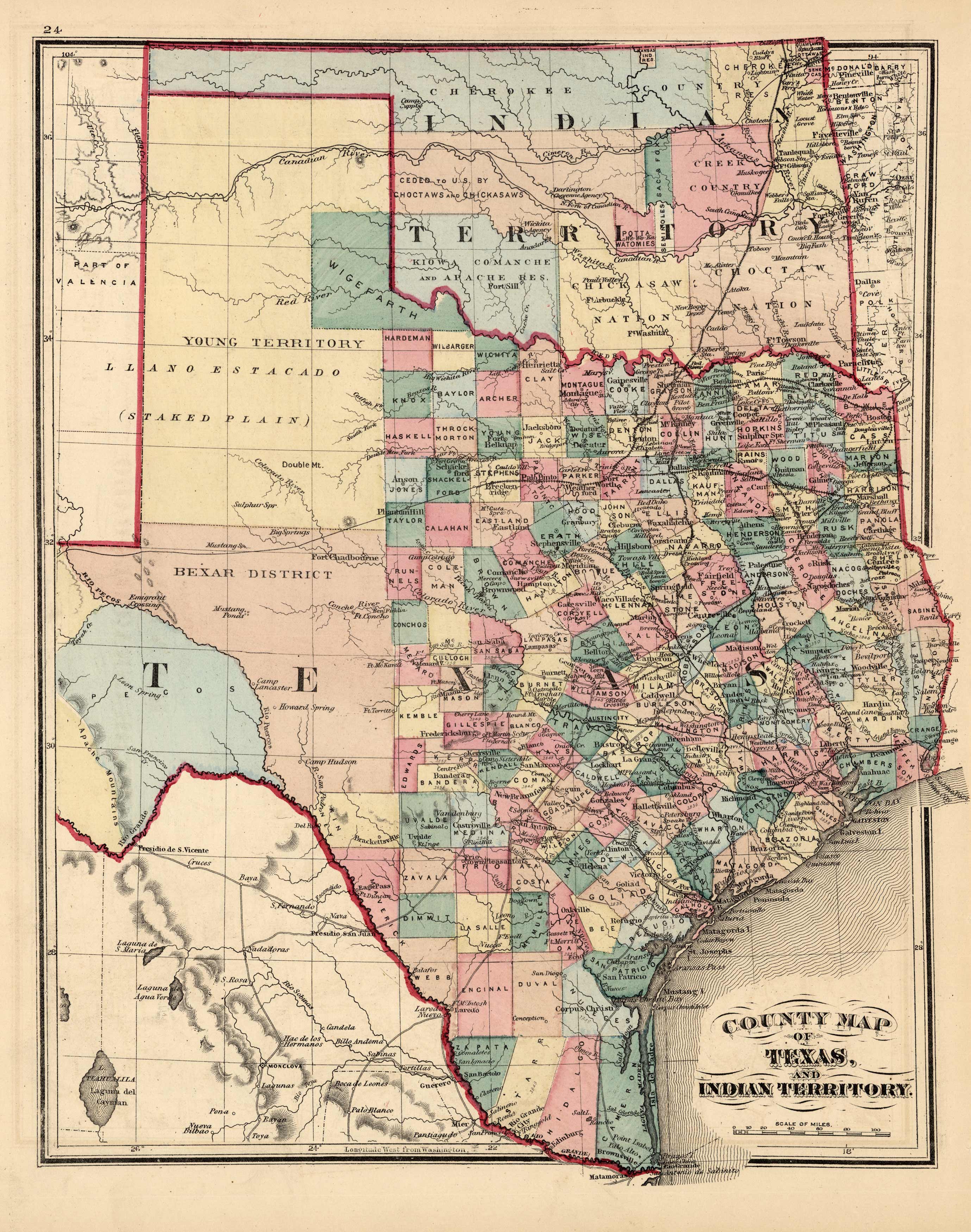 County Map of Texas and Indian Territory - Art Source International