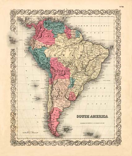 Old map of South America by Joseph Colton