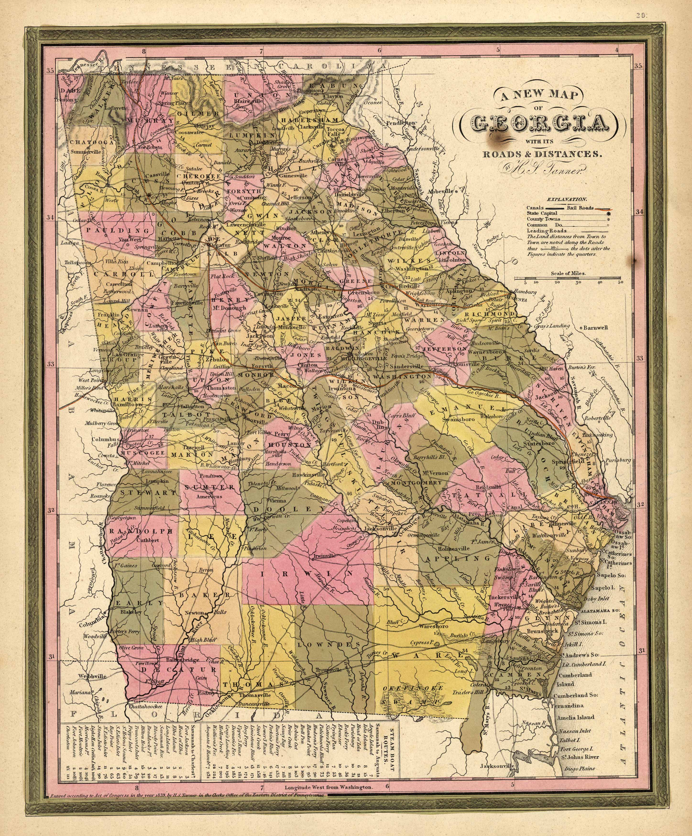 Mitchell’s 1846 New Map Of Georgia With Its Roads & Distances - Art ...