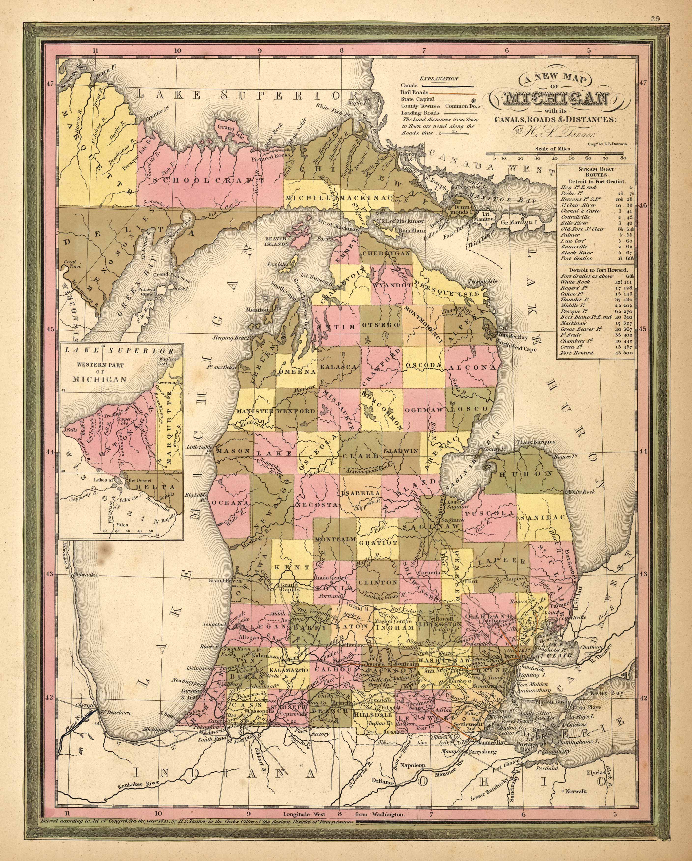 Mitchell’s 1846 New Map Of Michigan With Its Canals, Roads, & Distances ...