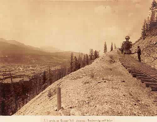 Rail road grade on Nigger Hill showing Breckenridge 500 ft below