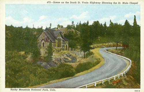 Scene on the South St. Vrain Highway Showing the St. Malo Chapel - Rocky Mountain National Park