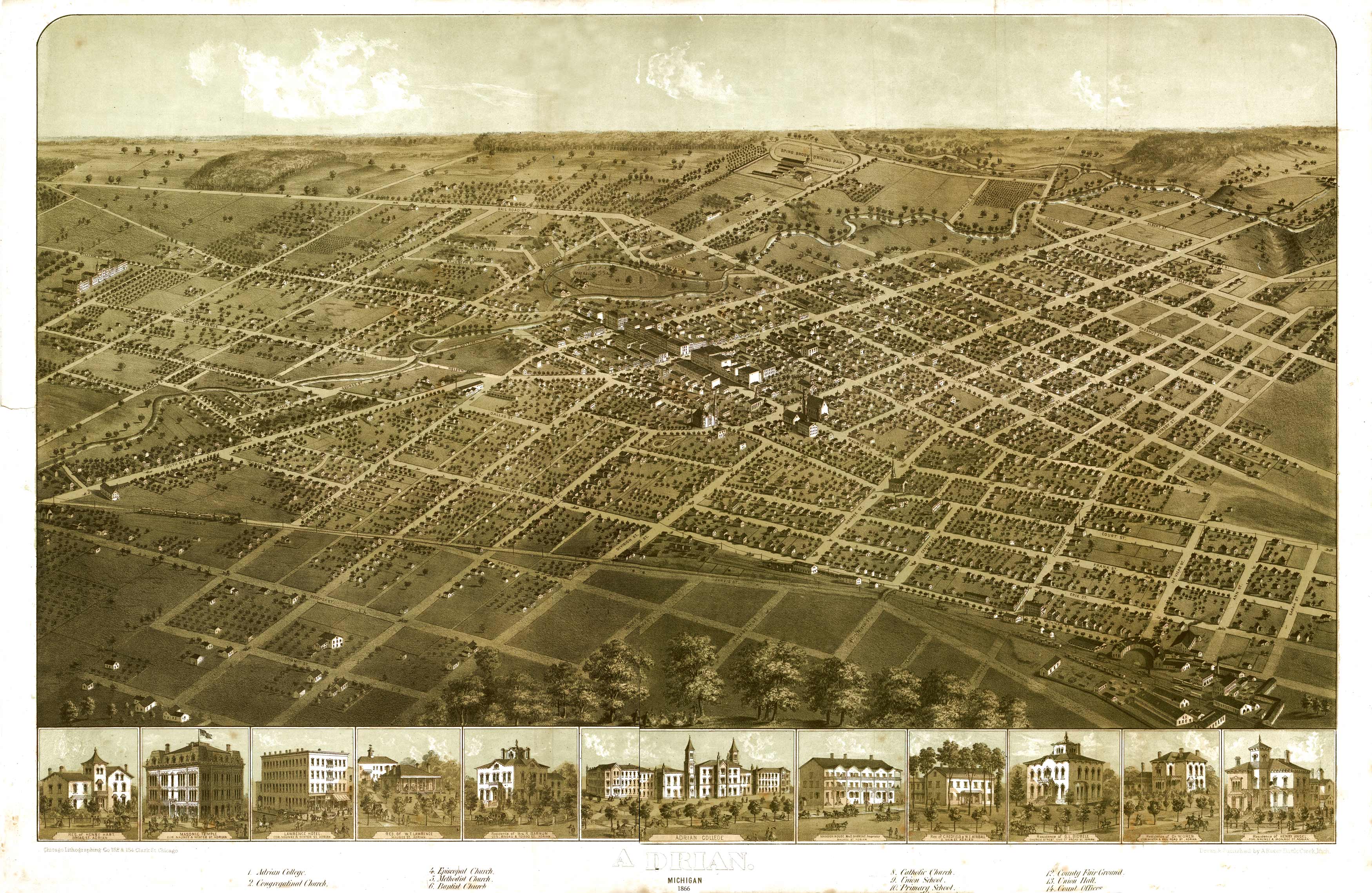 Bird's-eye View of Adrian, Michigan, 1866 - Art Source International