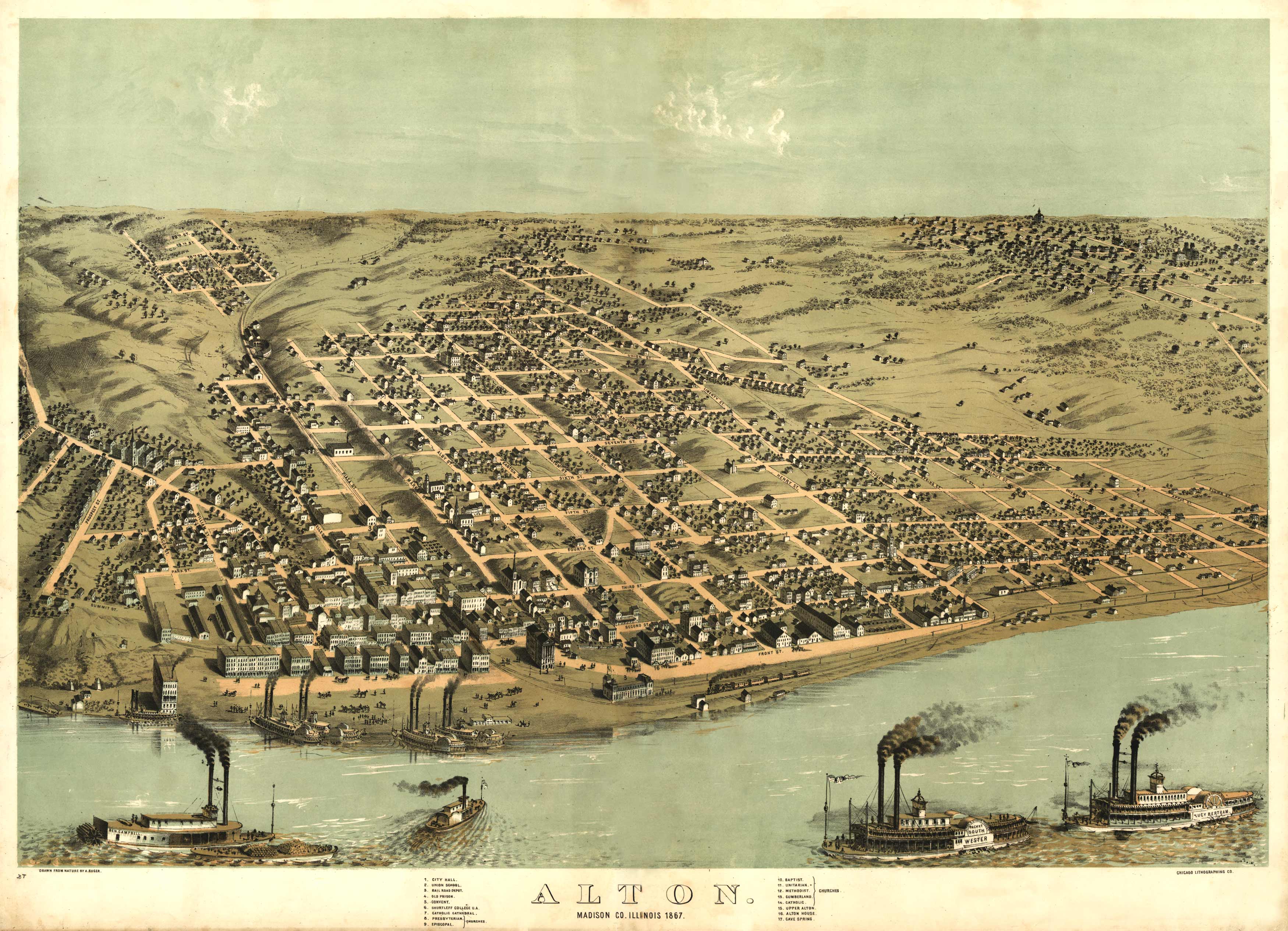 Bird's-eye View of Alton, Illinois, 1867 - Art Source International