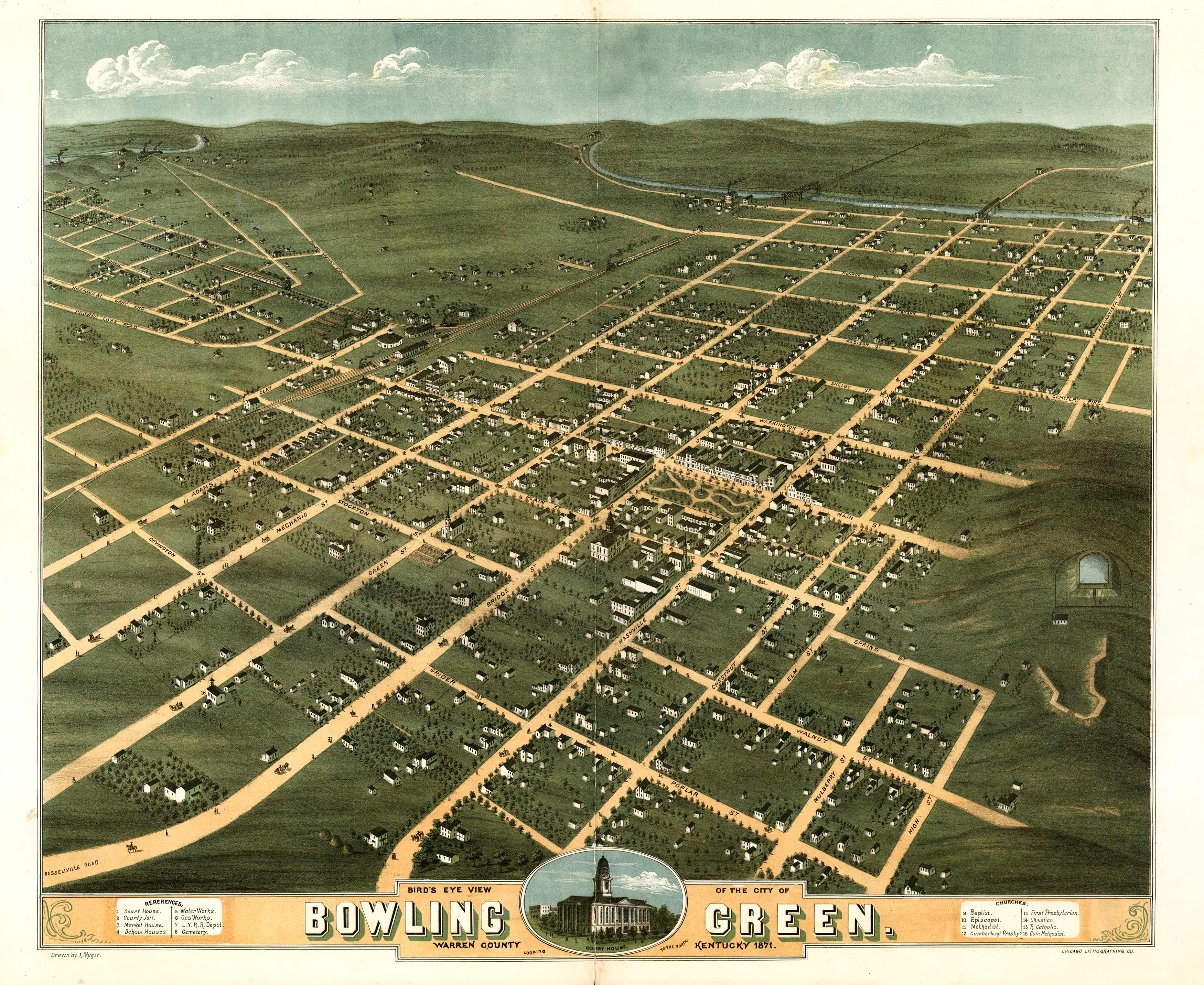 Bird's-eye View of Bowling Green, Kentucky, 1871 - Art Source International