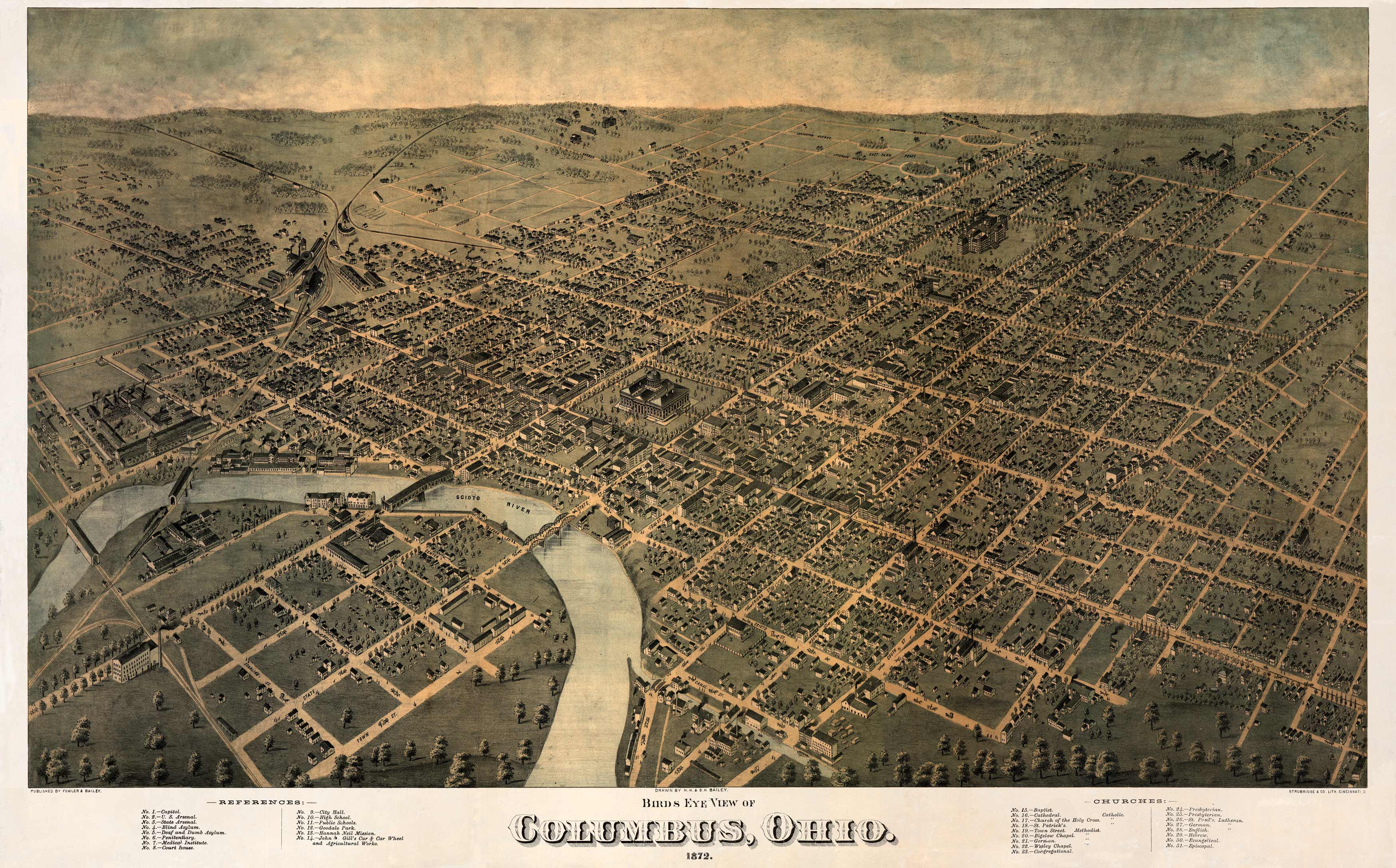 Bird's-eye View of Columbus, Ohio, 1872 - Art Source International