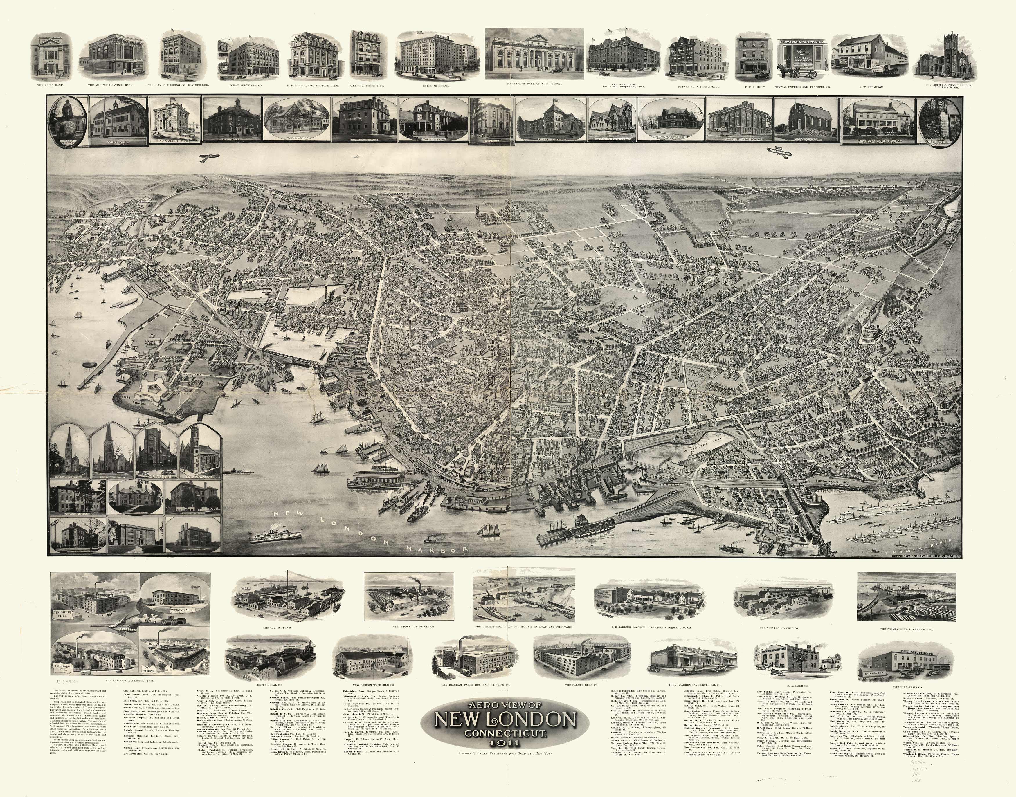 Bird's-eye View of New London, Connecticut, 1911 - Art Source International