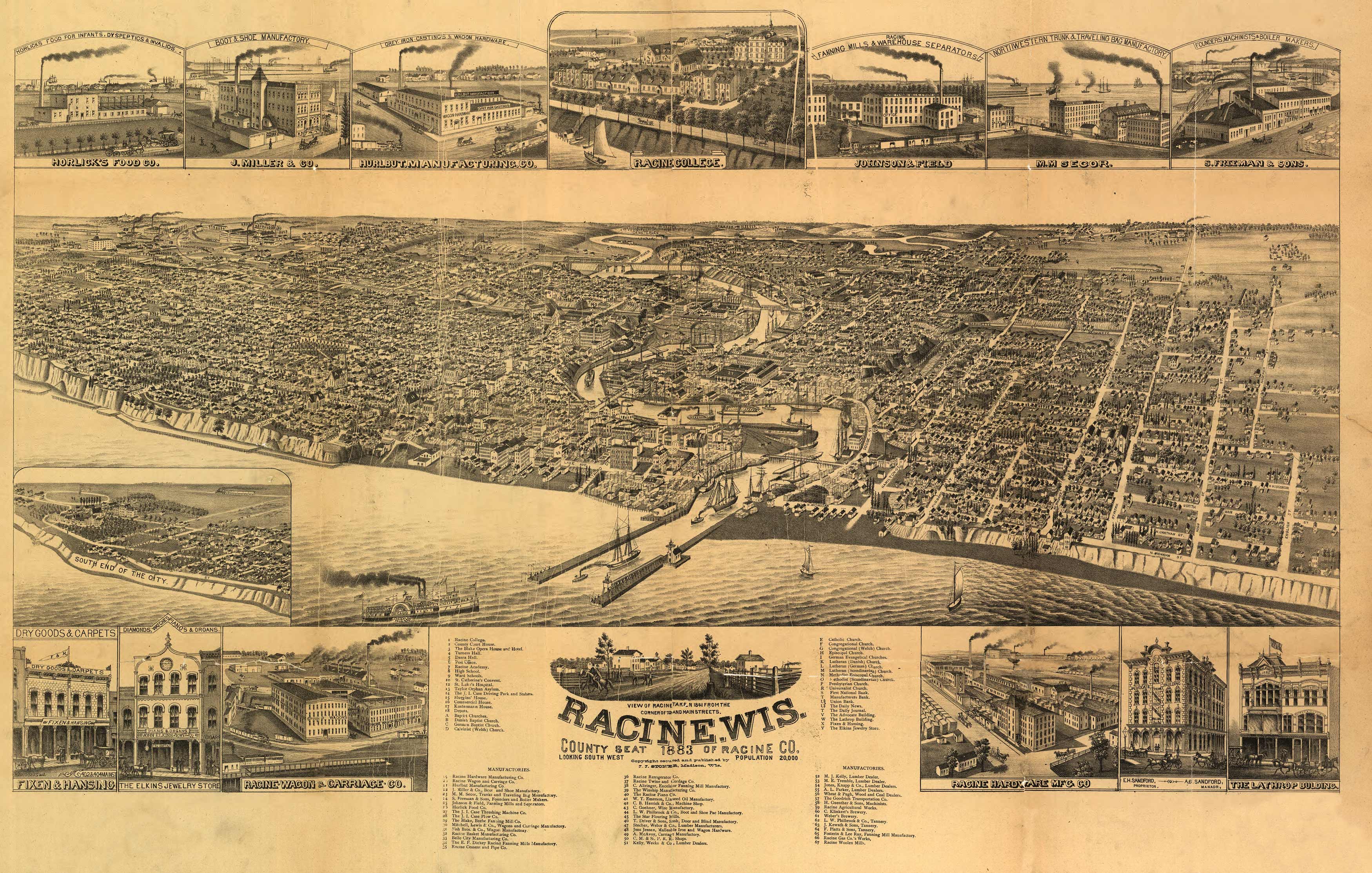 Bird's-eye View of Racine, Wisconsin, 1883 - Art Source International