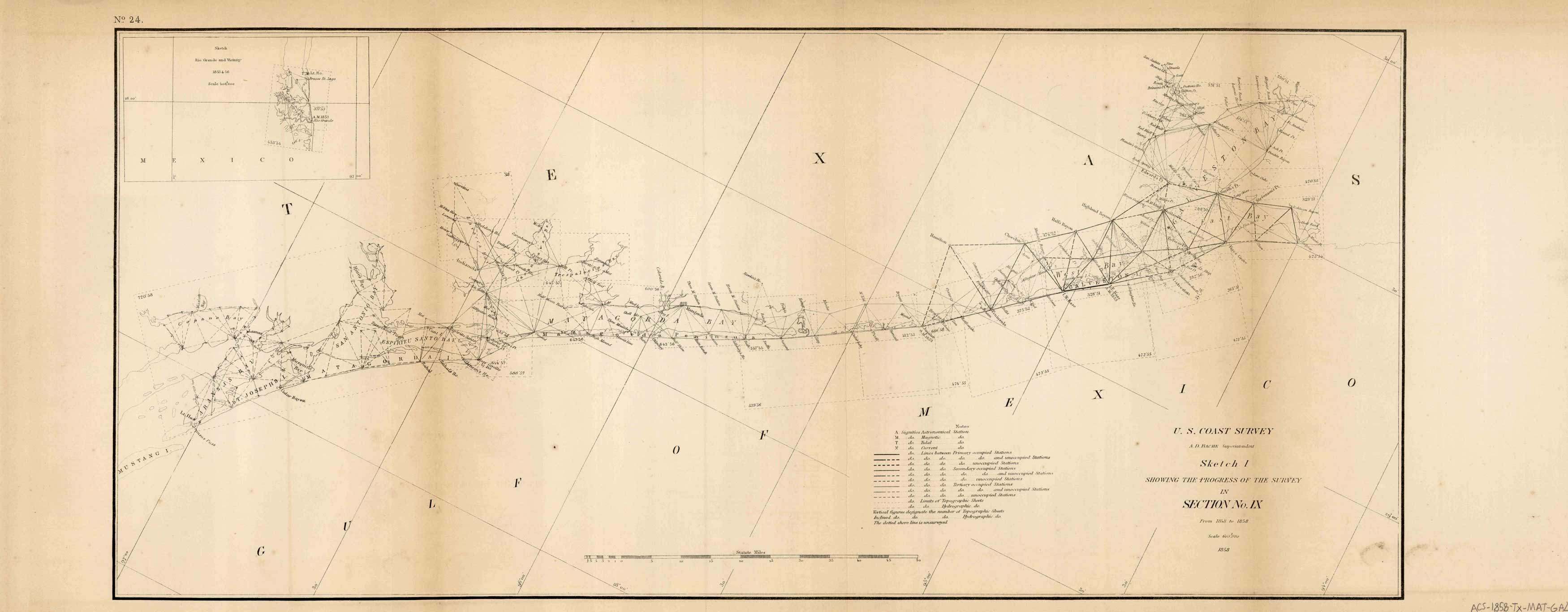 Antique Coastal Survey Showing Aransas Bay to Galveston Bay