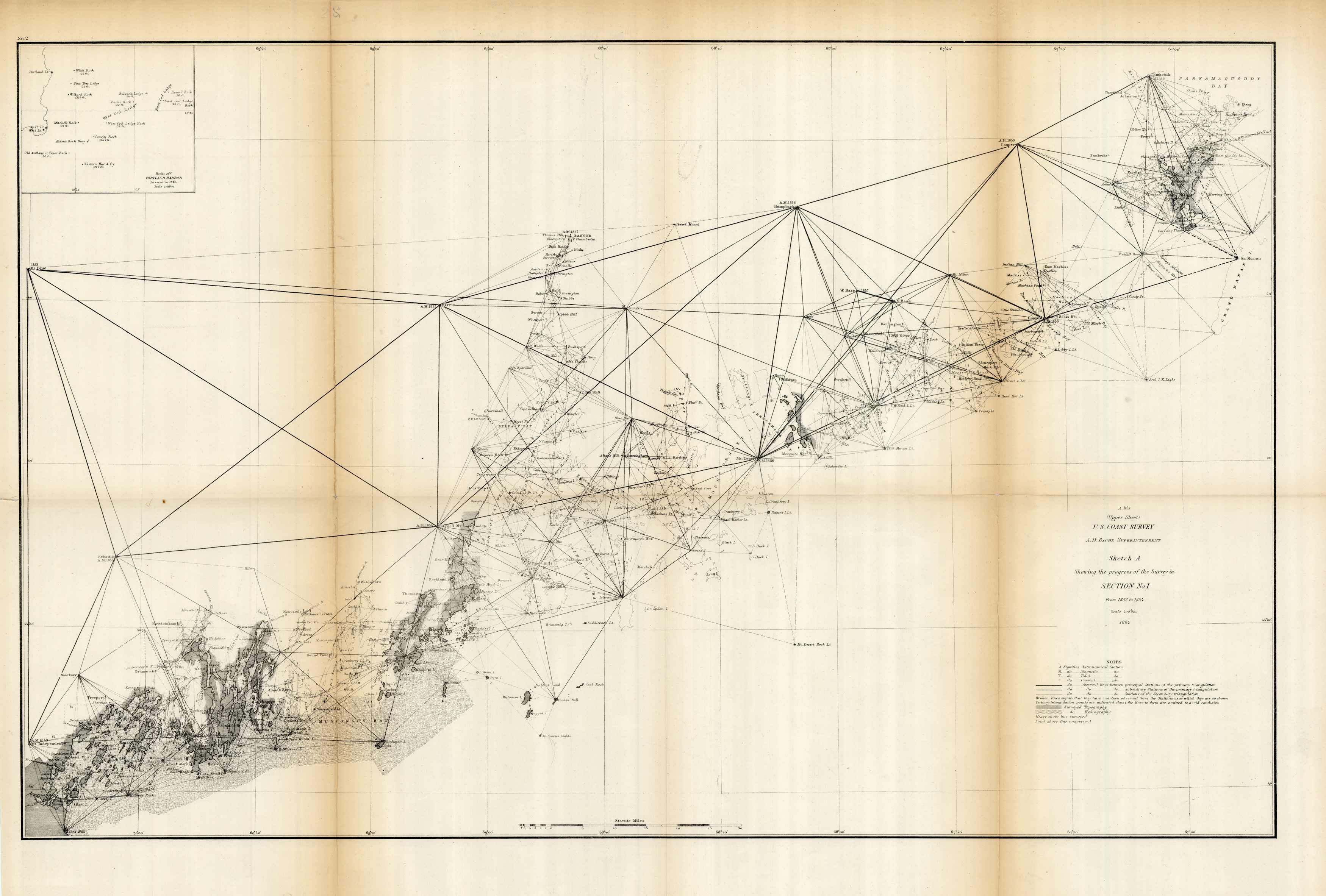(Upper Sheet) U.S. Coast Survey - Sketch A Showing the Progress of the Survey in Section No. I - 1864