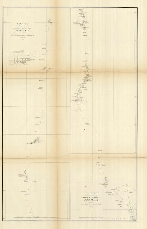 Progress of the Survey in Section No. XI - Lower Sheet - From the California Line to Tillamook Bay / Progress of the Survey in Section No. X - Upper Sheet - From Tomales Bay to the Oregon Line - 1870