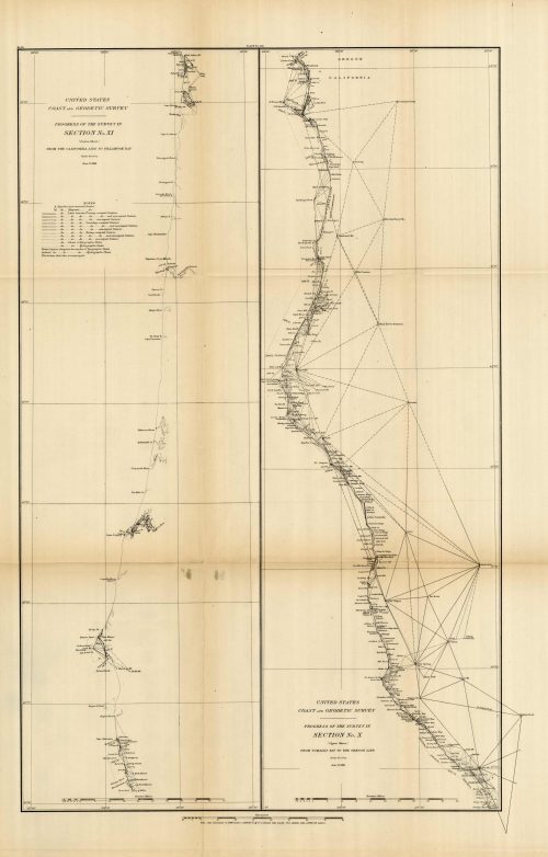 Progress of the Survey in Section No. XI - Lower Sheet - From the California Line to Tillamook Bay / Progress of the Survey in Section No. X - Upper Sheet - From Tomales Bay to the Oregon Line - 1881