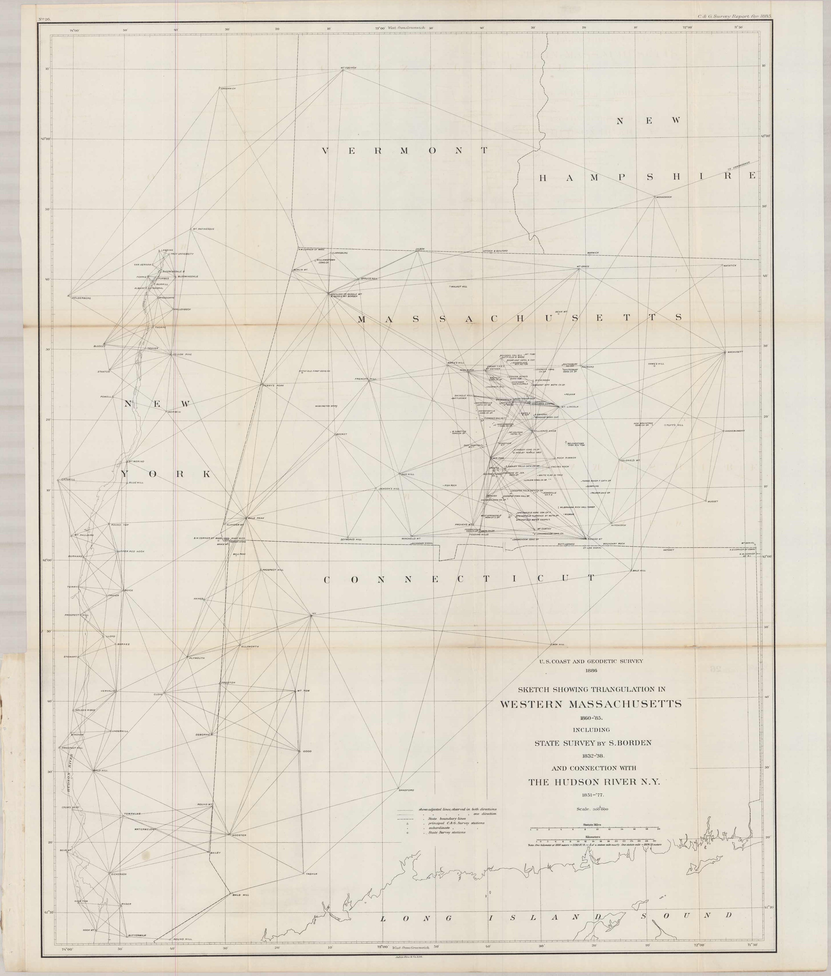 Sketch Showing Triangulation in Western Massachusetts 1860-85 Including State Survey by S. Borden 1832-38' and Connection with the Hudson River N.Y. 1851-'77