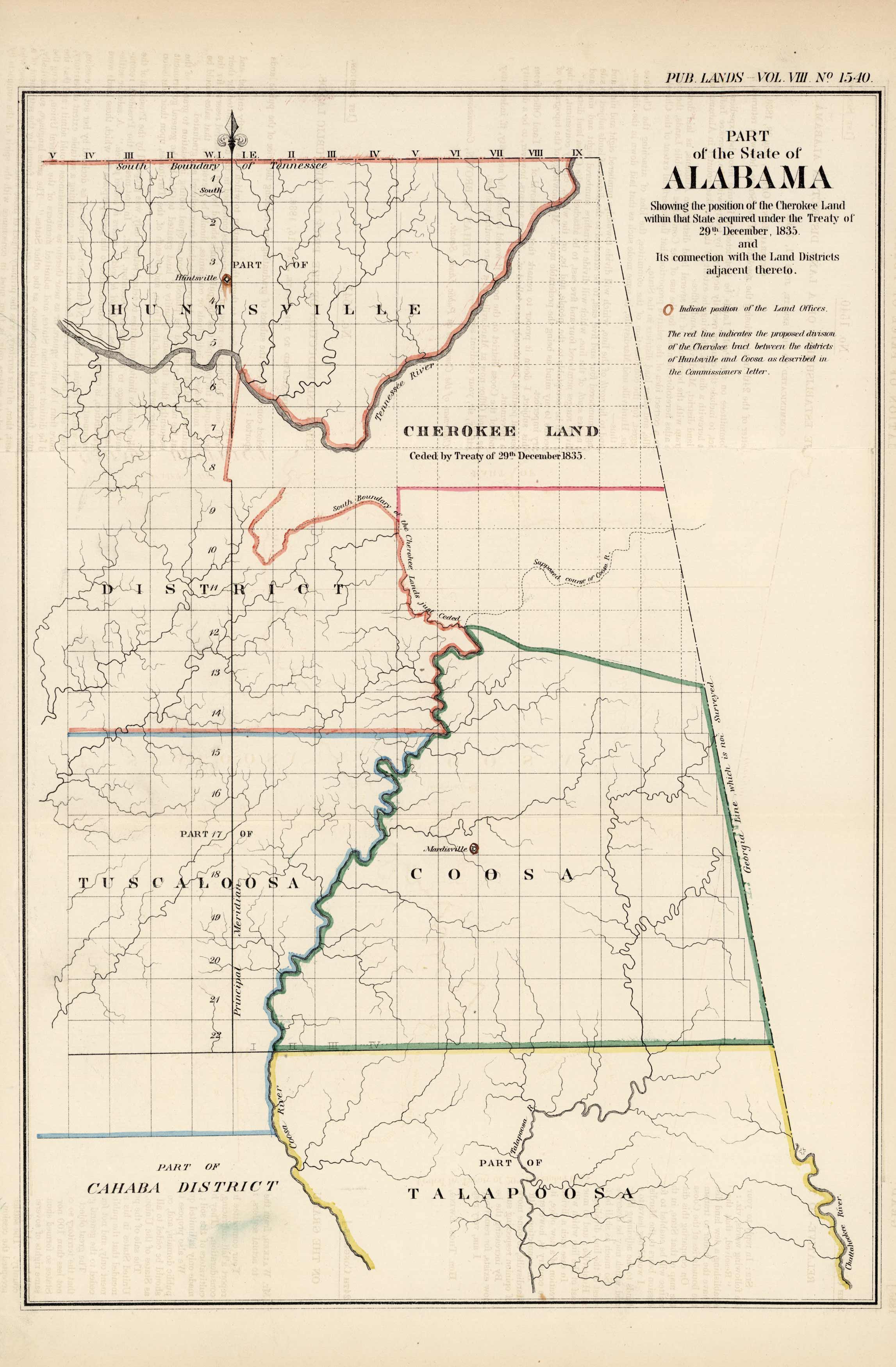 Part of the State of Alabama Showing the position of the Cherokee Land within that State acquired under the Treaty of 29th December Part of the State of Alabama Showing the position of the Cherokee Land within that State acquired under the Treaty of 29th December