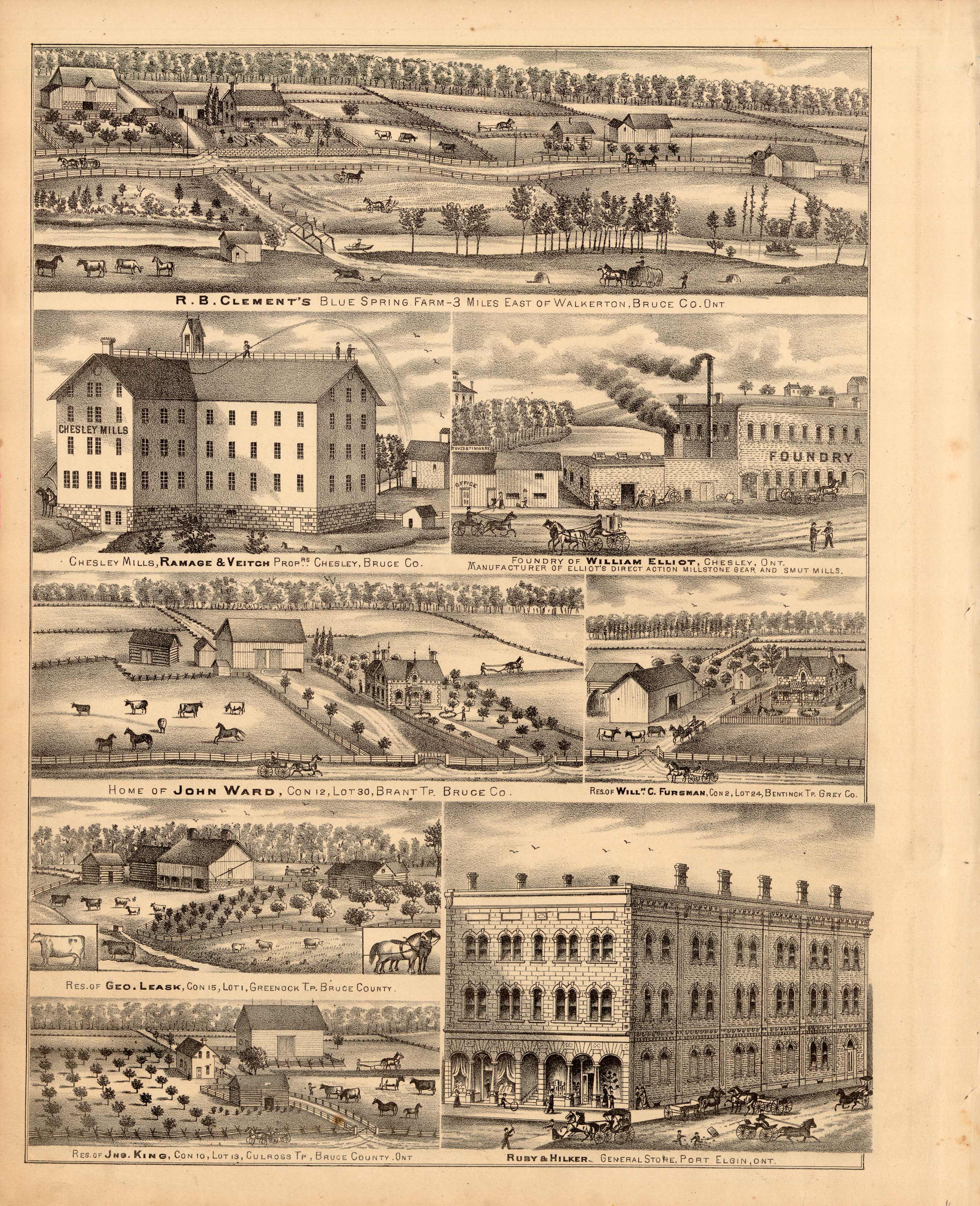 Ontario Locations of R.B.Clements Blue Spring Farm; Chesley Mills