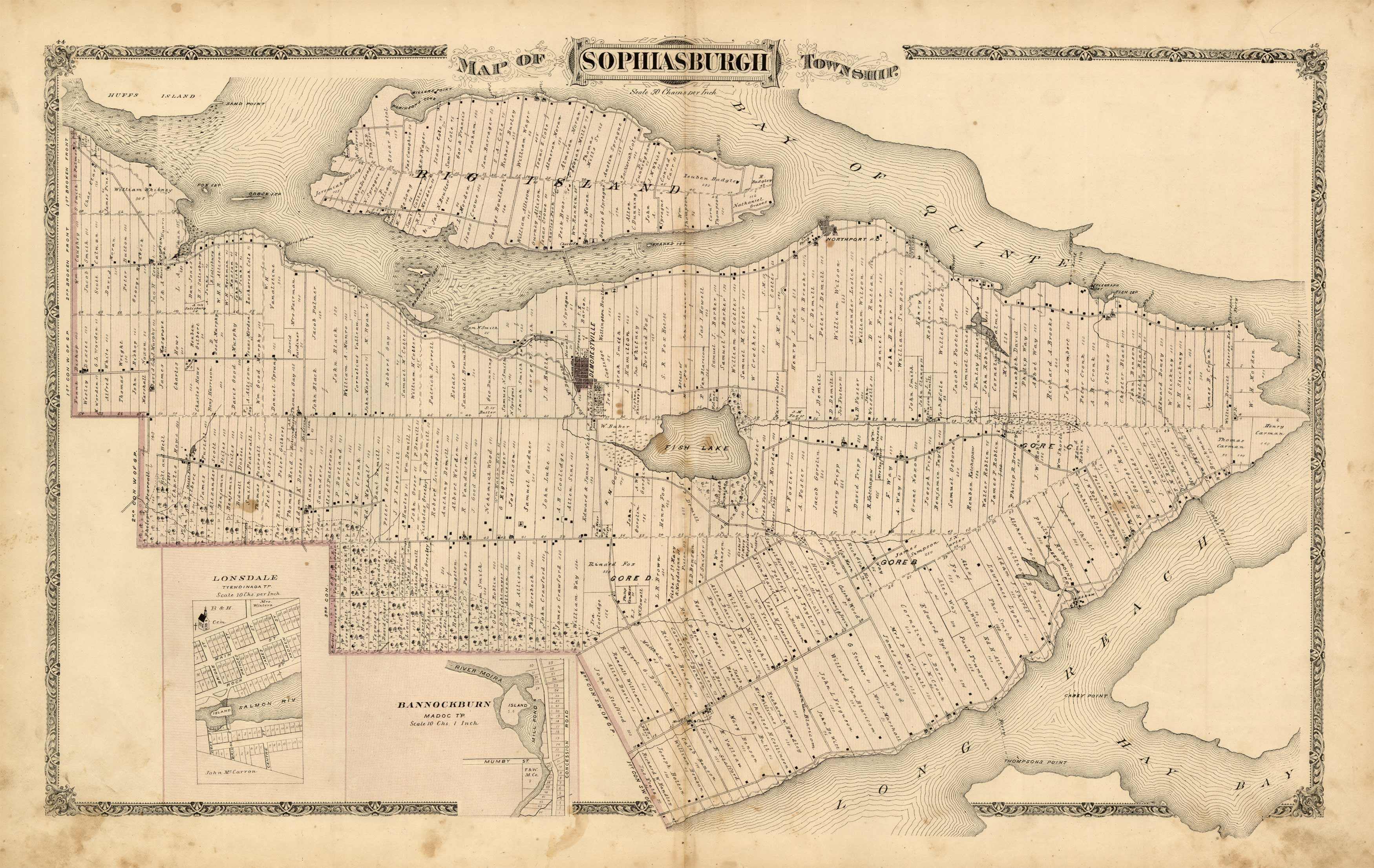 Map of Sophiasburgh Township with insets of Lonsdale and Bannockburn Map of Sophiasburgh Township with insets of Lonsdale and Bannockburn