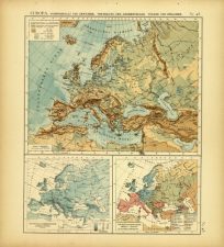 Europa: Bodengestalt und Gewasser. Verteilung der Niederschlage. Volker und Sprachen. (Europe: Geology and Bodies of Water. Rain Distribution.)
