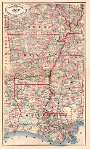 New Rail Road and County Map of Arkansas, Louisiana and Mississippi - Art  Source International