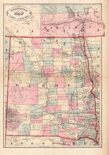New Rail Road and County Map of Dakota and Manitoba