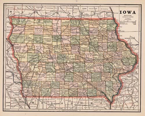 New Rail Road and County Map of Iowa - Art Source International