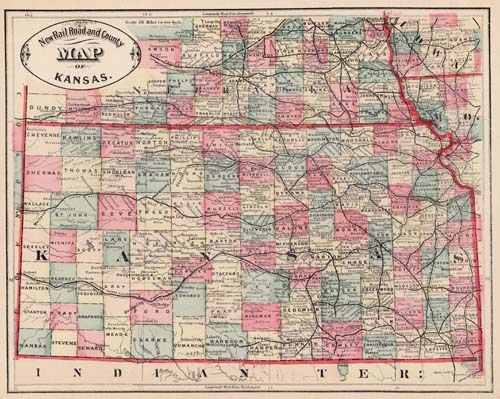 New Rail Road and County Map of Kansas - Art Source International