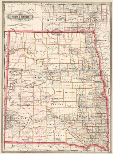 Railroad and County Map of Dakota & Manitoba - Art Source International