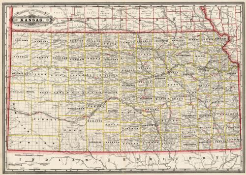 Railroad and County Map of Kansas - Art Source International