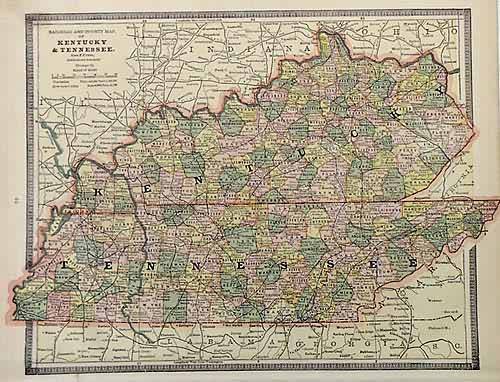 Railroad and County Map of Kentucky & Tennessee - Art Source International