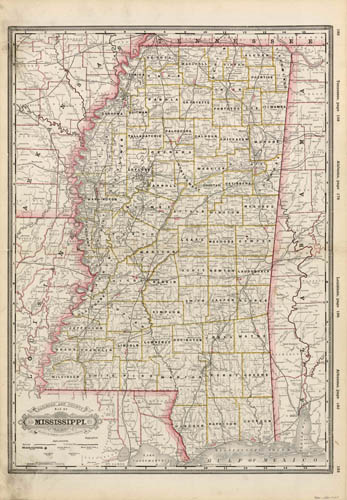 Railroad & County Map of Mississippi - Art Source International