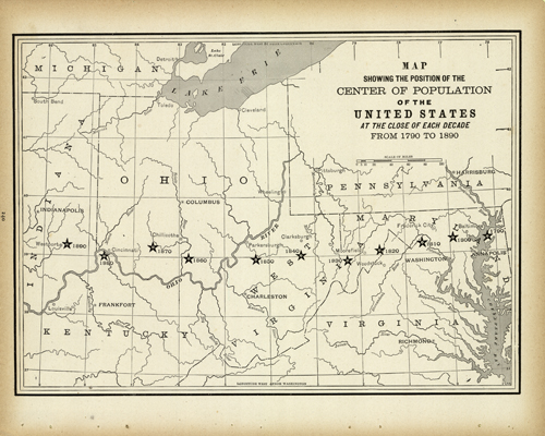 Map Showing the Position of the Center of Population of the United States at the Close of each Decade from 1790 to 1890 Map Showing the Position of the Center of Population of the United States at the Close of each Decade from 1790 to 1890