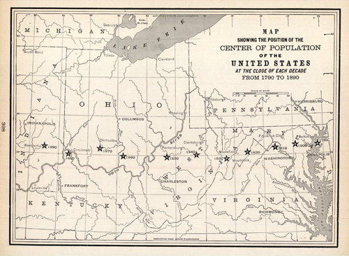Map Showing the Position of the Center of Population of the United States at the Close of Each Decade from 1790 to 1890 Map Showing the Position of the Center of Population of the United States at the Close of Each Decade from 1790 to 1890