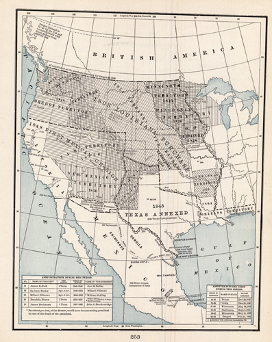 Map shows territories admitted to union from 1845-1861