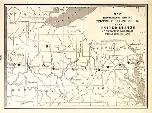 Map Showing the Position of the Center of Population of the United States at the Close of Each Decade from 1790 to 1900