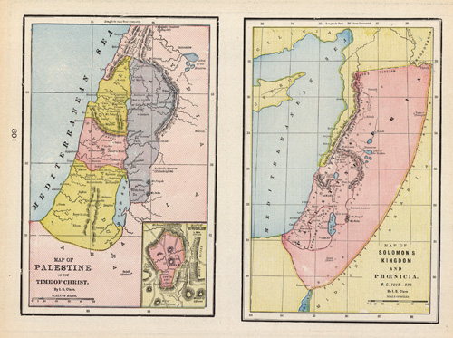 Map of Palestine in the Time of Christ with inset Map of Jerusalem and Map of Solomons Kingdom and Phoenicia