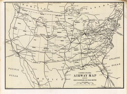 United States Airway Map Showing Main Passenger and Mail Routes - Art ...