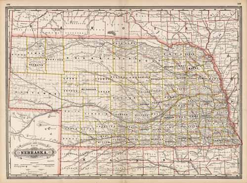 Railroad and County Map of Nebraska - Art Source International